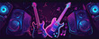 © GRACE - Electric guitars, musical notes, and speakers, rock concert vibe, neon style, vector illustration, flat style.
