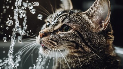 Poster - Adorable Close-Up of Cat Playing with Water Drops in Kitchen Sink