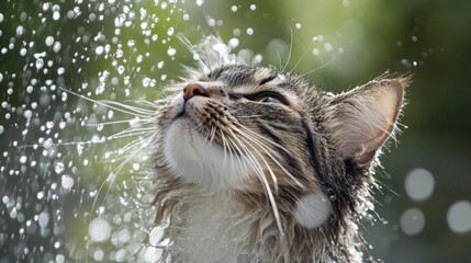 Poster - Cat Enjoying Refreshing Water Spray in Sunlight Outdoors