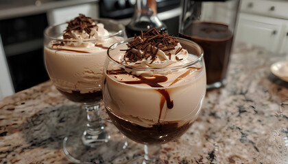 Irish coffee with grated dark chocolate on wooden table