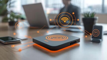 Aufkleber - Modern Wireless Router with Wi-Fi Symbols in Contemporary Office