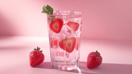 Poster - Refreshing Strawberry Drink with Ice and Mint Garnish in Glass