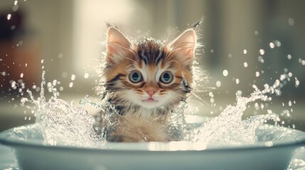 Poster - Cute Kitten Splashes Playfully in Water Bowl Creating Joyful Scene