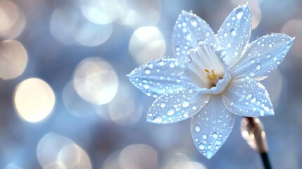 Poster - Beautiful White Flower with Dew Drops Against a Soft Blurred Background