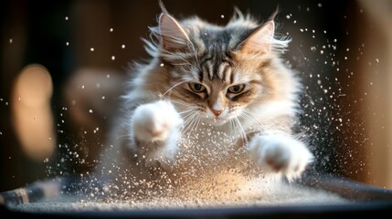 Poster - Playful Cat Jumping and Playing in a Dusty Environment