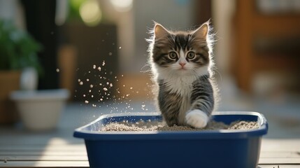 Poster - Playful kitten exploring litter box in a bright interior space