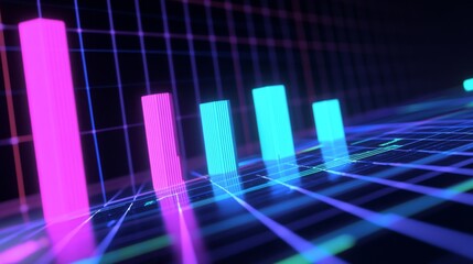 Leinwandbilder - Futuristic Neon Graph with Colorful Bars and Digital Background