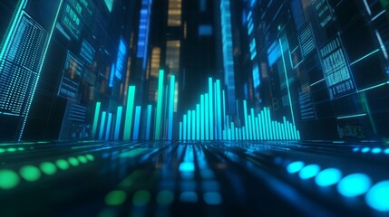 Poster - Futuristic Data Visualization with Neon Bars and Digital Patterns