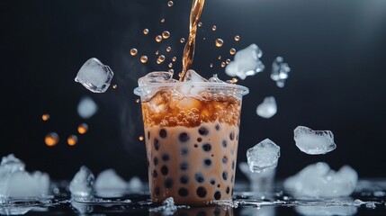 Poster - Refreshing Bubble Tea with Ice and Bubbles in a Clear Cup