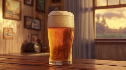 Poster - Refreshing Glass of Beer with Foam on Wooden Table in Warm Light