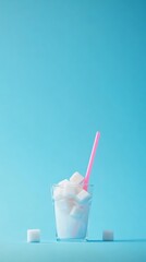 Poster - Glass filled with sugar cubes and pink straw on blue background promotes sugar free lifestyle and dangers of excessive sugar consumption