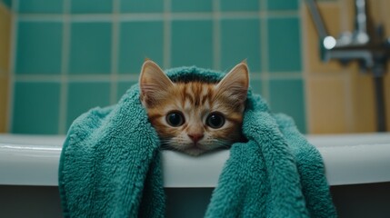 Poster - Adorable kitten peeking from a fluffy turquoise towel in bathtub
