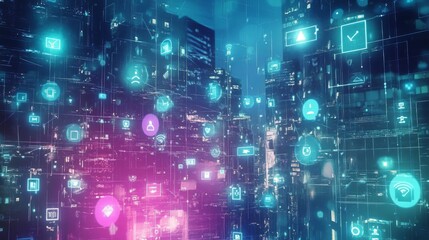 Poster - futuristic cityscape with digital icons and neon lights