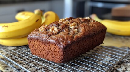 Poster - Freshly Baked Banana Bread with Nuts and Ripe Bananas Nearby