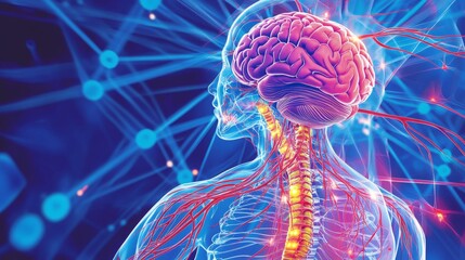 Poster - Detailed Human Brain and Nervous System Visualization in Blue Background