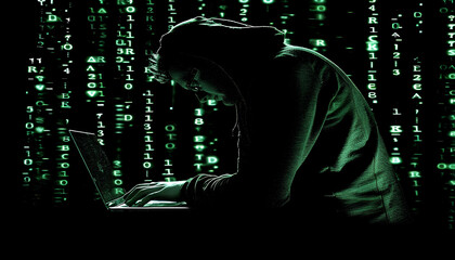 Hacker prints a code on a laptop keyboard to break into a cyberspace