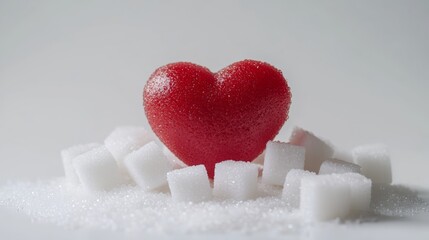 Poster - Red heart on sugar cubes warns of health risks from too much sugar, urging a low sugar lifestyle for a healthier heart