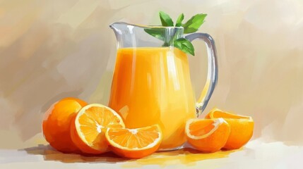 Aufkleber - Fresh Orange Juice in a Glass Pitcher with Whole Oranges and Slices
