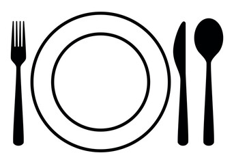 Wall Mural - place setting cutlery - fork, knife, spoon and plate silhouette shape, black and white vector illust