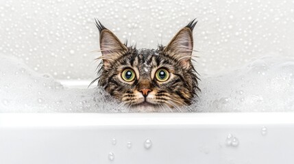 Poster - Cat in Bathtub Surrounded by Bubbles with Curious Expression