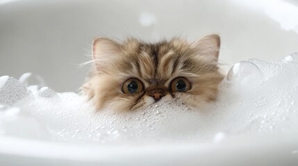 Poster - Adorable Cat with Big Eyes Surrounded by Bubbles in Sink Bath