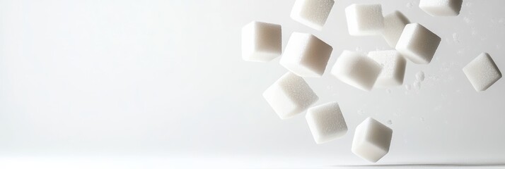 Aufkleber - Several white sugar cubes are falling against a light gray background, creating a visual representation of sugar reduction and the benefits of a low sugar or sugar free lifestyle