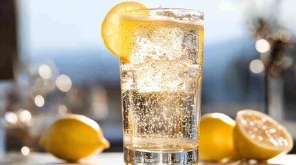 Poster - Refreshing Sparkling Lemonade with Lemon Slice on a Bright Background