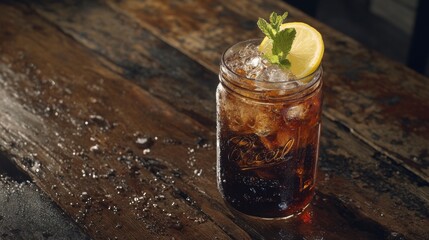 Poster - Refreshing Iced Drink in Mason Jar with Lemon and Mint Garnish