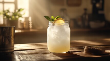 Poster - Refreshing Lemonade with Mint and Lemon Slice in Bright Kitchen Light