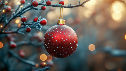 a close-up of a sparkling red christmas ornament hanging on a frosted tree branch with vibrant red b