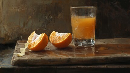 Poster - Fresh Orange Juice in Glass with Slices on Rustic Wooden Table