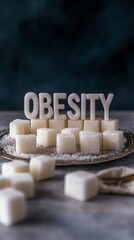 Poster - Numerous sugar cubes arranged on a metal tray spell obesity, highlighting the health risks associated with excessive sugar consumption and promoting a low sugar lifestyle for better well being