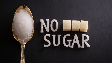 Poster - Composition of sugar crystals in an elegant spoon, three sugar cubes, and large letters forming no sugar on a dark background, representing sugar reduction and dangers of excessive sugar intake