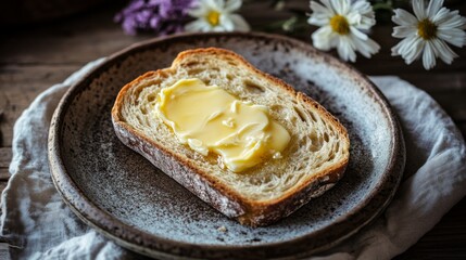 Poster - Freshly Sliced Bread with Creamy Butter on Rustic Plate