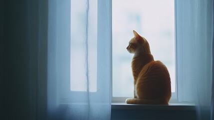 Single cat sitting on a windowsill looking outside, background softly blurred,