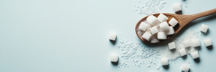 Aufkleber - Wooden spoon holding sugar cubes on light blue background promoting sugar free lifestyle