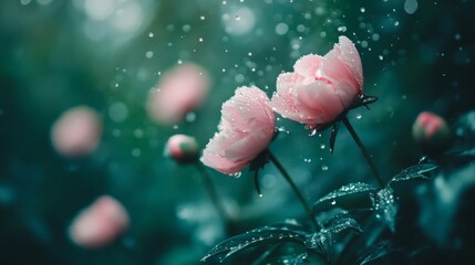Poster - Delicate Pink Flowers with Dew Drops in Soft Focus Background