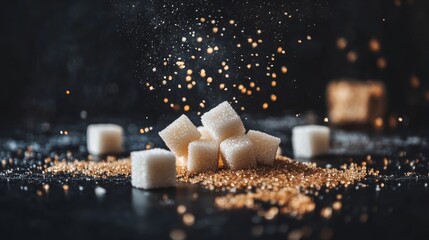 Aufkleber - White sugar cubes falling onto a pile of brown sugar granules, creating a dynamic scene on a dark background, highlighting the concept of sugar consumption and its variations
