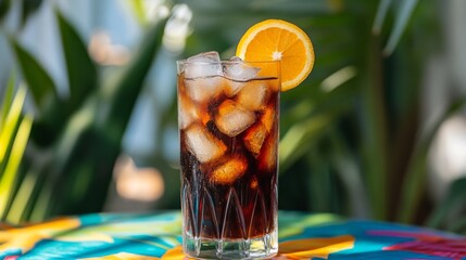 Poster - Refreshing Beverage with Ice and Orange Slice in Tropical Setting
