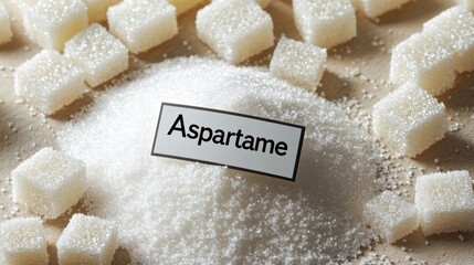 Aufkleber - Aspartame powder and sugar cubes represent sugar substitutes for managing diabetes and achieving weight loss, promoting a low sugar lifestyle and reducing sugar intake