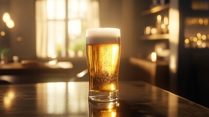 Poster - Refreshing Glass of Beer with Foam in a Cozy Bar Environment