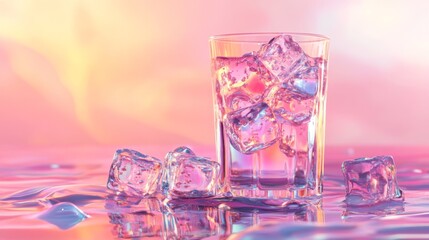 Poster - Fresh Glass of Water with Ice Cubes on a Colorful Background