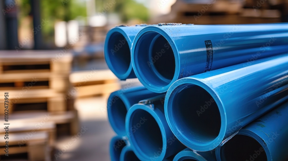 Blue PVC pipes neatly stacked on wooden pallets at a replacement site ...