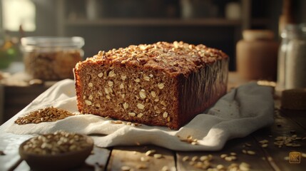 Poster - Freshly Baked Whole Grain Bread with Oats on Rustic Wooden Table