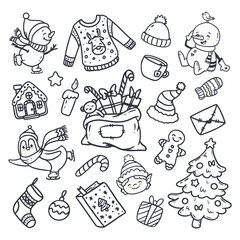 Wall Mural - set of christmas elements in doodle style. illustration for design of wrapping paper, cards, invitat