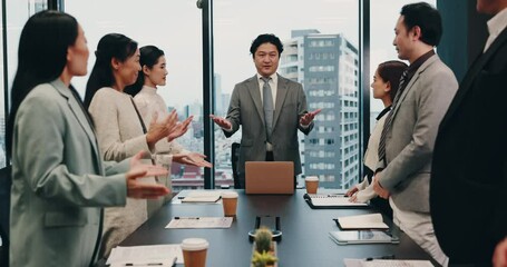 Aufkleber - Applause, finish and business Asian people in meeting for teamwork, collaboration or discussion. Office, corporate and boss with Japanese men and women bow for respect, greeting and leave boardroom