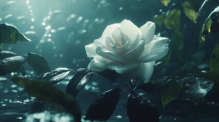 Poster - Ethereal White Rose Surrounded by Dew in Enchanted Forest Setting