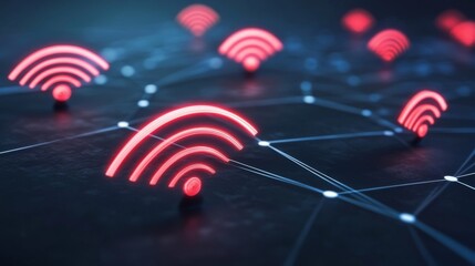 Poster - Abstract Digital Connection Symbol with Red Signal Waves and Nodes