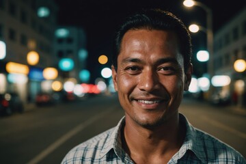 Close portrait of a smiling 40s Micronesian man looking at the camera, Micronesian city outdoors at night blurred background