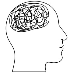 Poster - Head continuous line art drawing. Male head with confused thoughts. Depressed concept. Bad mental health linear symbol. Vector illustration isolated on white background.